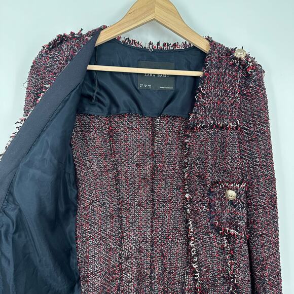 ZARA Long Tweed Jacket Open Front Fringe Trim Military Style Coat Blogger Fav - Picture 11 of 11